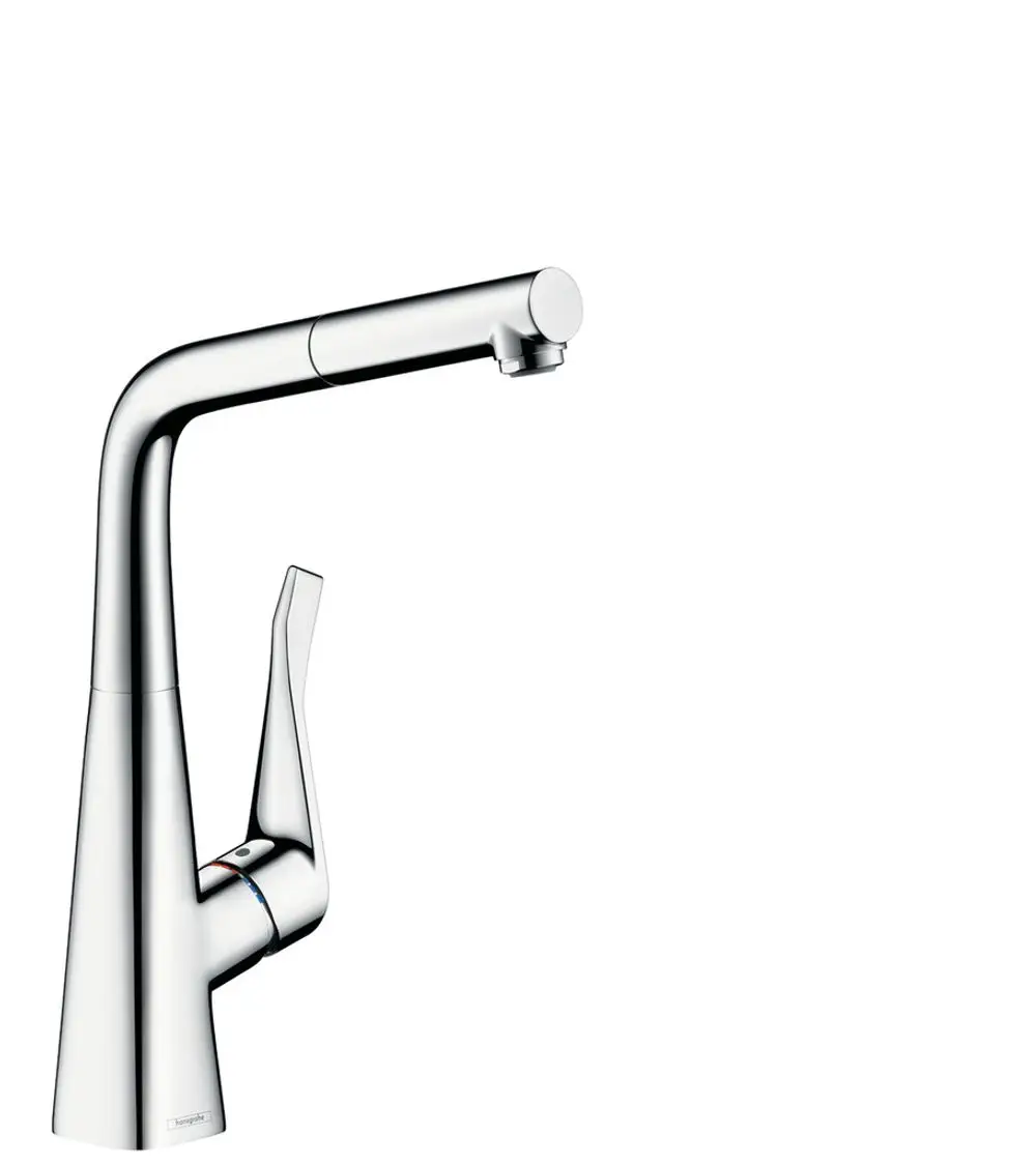 Einhebel-Küchenmischer von Hansgrohe mit Ausziehauslauf und einem Wasserstrahl. Verchromte Oberfläche, geeignet für moderne Küchen.